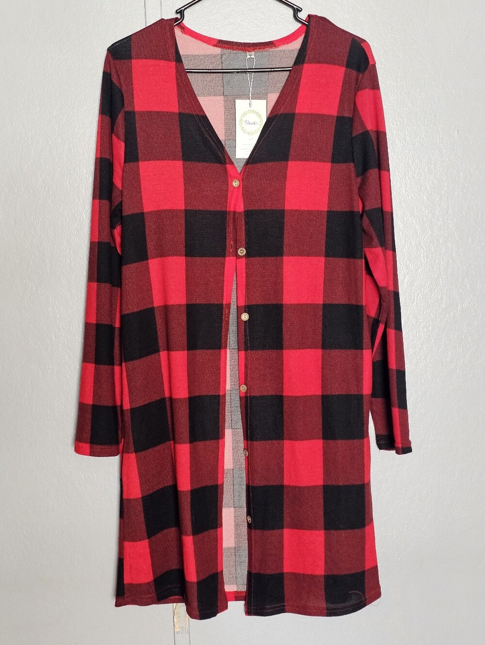 Amazon Red and Black Plaid Button Kimono Cardigan